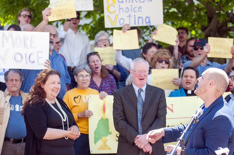 Kyle Bailey of the Committee for Ranked Choice Voting, seen speaking at a rally in Augusta on June 1, said Friday night, "We are waiting for the Secretary of State’s Office to approve our (application) to begin collecting signatures" for a people's veto.