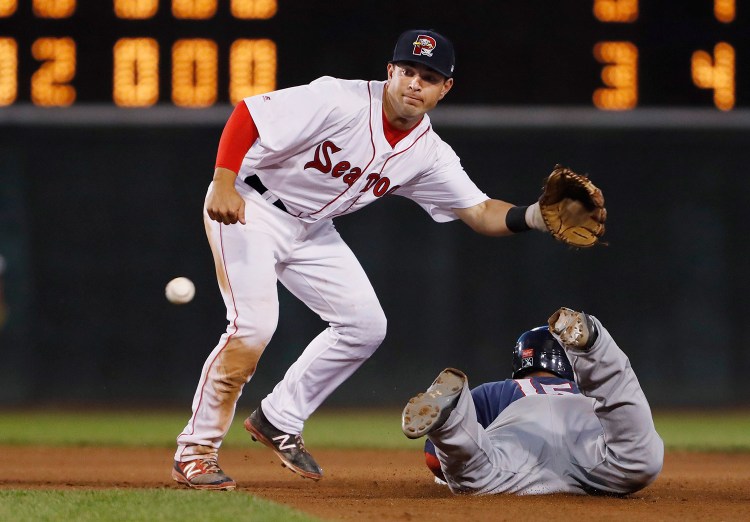 Portland's Chad De La Guerra reaches out for a catch at second as New Hampshire's Harold Ramirez slides in during the seventh inning of their game Monday night at Hadlock Field