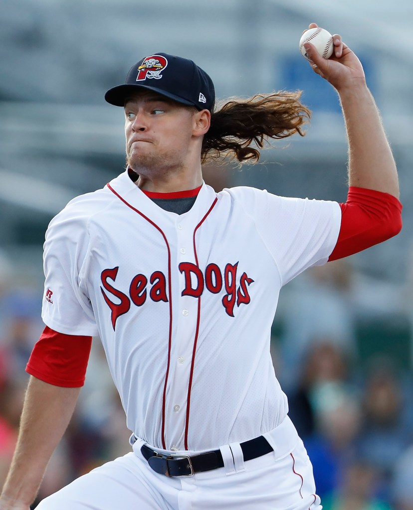 Trey Ball pitches for Portland in the first inning Monday night at Hadlock Field. Ball held the New Hampshire Fisher Cats in check to get the win.