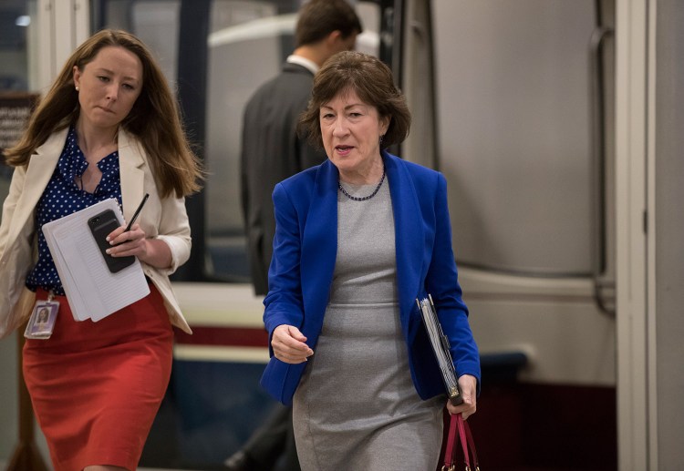 Sen. Susan Collins, R-Maine, arrives for a briefing with Senate Majority Leader Mitch McConnell, R-Ky., who was releasing the Republican healthcare bill, on Thursday at the Capitol in Washington. President Trump was working behind the scenes to secure Republican votes for the bill.