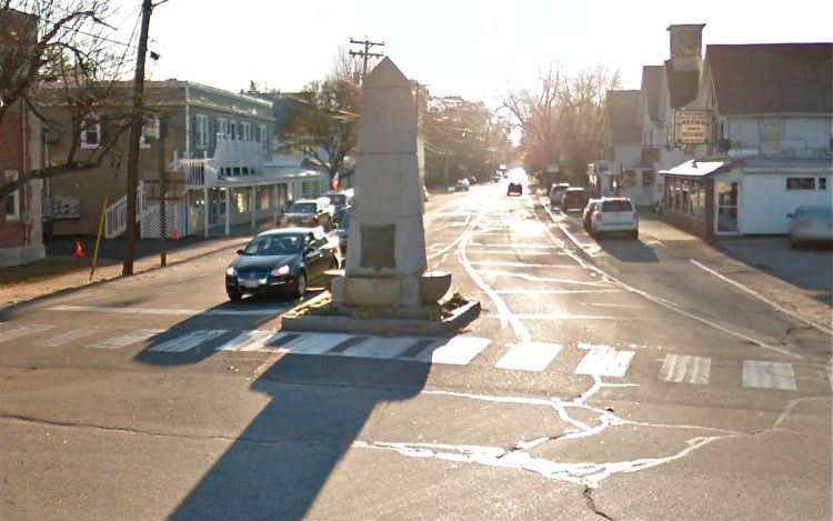 The John Stevens Monument at Main and Portland streets in Fryeburg was erected by the early settler's' grandson in 1902. According to the Maine Historical Society, It is made of white Hallowell granite, resting on a base 7-8 feet square and 10 feet thick. 