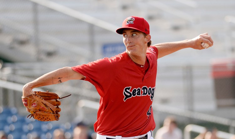 Henry Owens pitches for the Sea Dogs in the first game of Friday's doubleheader against the Yard Goats at Hadlock Field. Owens allowed two runs on six hits in six innings. He struck out six, walked two and hit two.