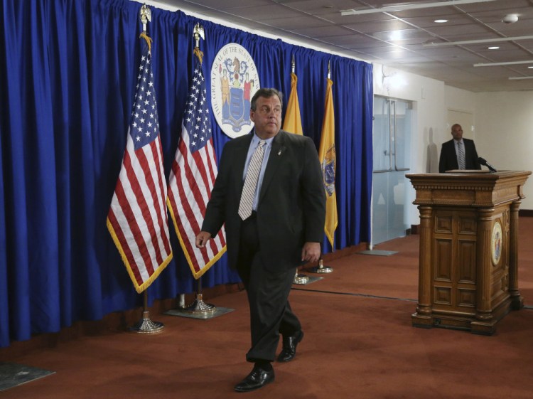 New Jersey Gov. Chris Christie walks from the podium following a news conference on Monday.