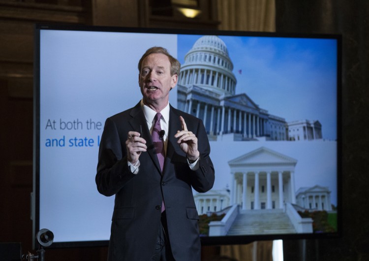 Microsoft President and Chief Legal Officer Brad Smith speaks in Washington on Tuesday about Microsoft’s project to bring broadband internet access to rural parts of the U.S. “The key now is to stimulate private sector investment,” he said.