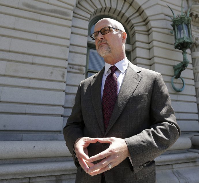 Jeffrey Kerr, general counsel to the People for the Ethical Treatment of Animals (PETA), speaks to reporters outside of the 9th U.S. Circuit Court of Appeals in San Francisco, Wednesday, July 12, 2017. Attorneys for David Slater, a wildlife photographer whose camera was used by a monkey to snap selfies, asked a federal appeals court to end a lawsuit seeking to give the animal rights to the photos. PETA sought a court order in 2015 allowing it to administer all proceeds from the photos to benefit the monkey. (AP Photo/Jeff Chiu)