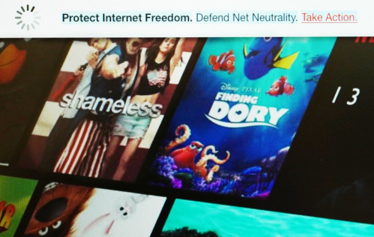 A banner, top, on the Netflix website defends net neutrality, which bars internet service providers from playing favorites with websites and apps. On Wednesday, Netflix joined other tech firms and internet activists in an online show of support for the principle.