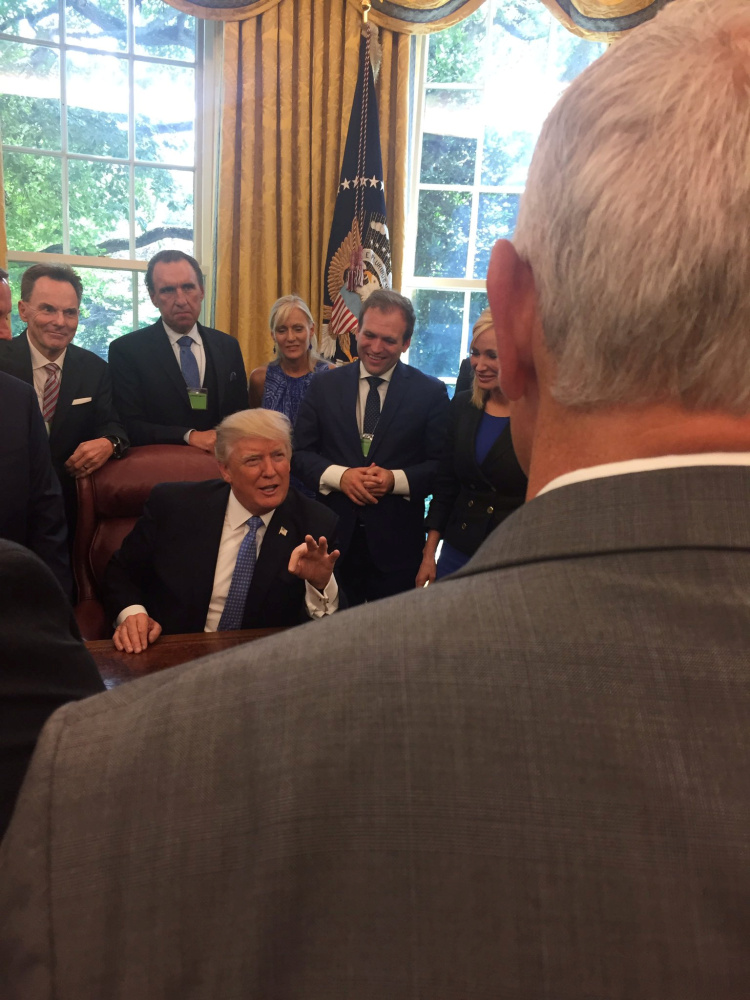 U.S. President Donald Trump speaks to a group of evangelical leaders in the Oval Office at the White House in Washington, DC, U.S. on July 10, 2017 in this picture obtained from social media. Picture taken on July 10, 2017.  Courtesy Johnnie Moore/Handout via REUTERS   ATTENTION EDITORS - THIS IMAGE WAS PROVIDED BY A THIRD PARTY. MANDATORY CREDIT. - RTX3BB1C