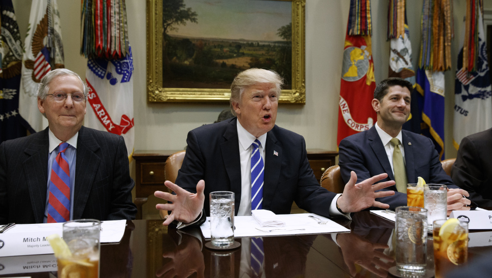 Flanked by Senate Majority Leader Mitch McConnell and House Speaker Paul Ryan, President Trump needs both of them to work their members on behalf of his health-care agenda.
