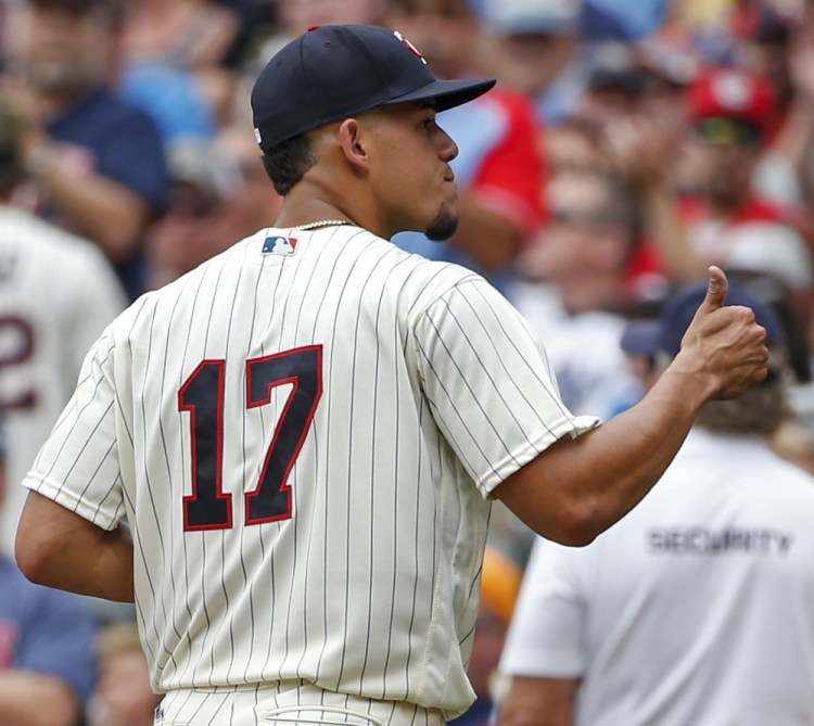 Minnesota starter Jose Berrios gives a thumbs-up as he leaves Wednesday's game against New York in the seventh inning after a stellar performance.