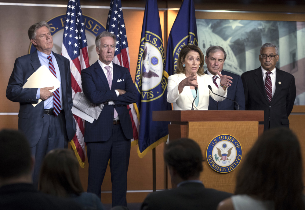 Congressional leaders discuss the Republican efforts to replace "Obamacare" during a news conference on Capitol Hill in Washington on Thursday.
House Minority Leader Nancy Pelosi, D-Calif., was joined by, from left, Rep. Frank Pallone, D-N.J., the ranking member of the House Energy and Commerce Committee, Rep. Richard Neal, D-Mass., the ranking member of Ways and Means, Rep. John Yarmuth, D-Ky., the ranking member of the House Budget Committee, and Rep. Bobby Scott, D-Va., the ranking member on the House Committee on Education and the Workforce.