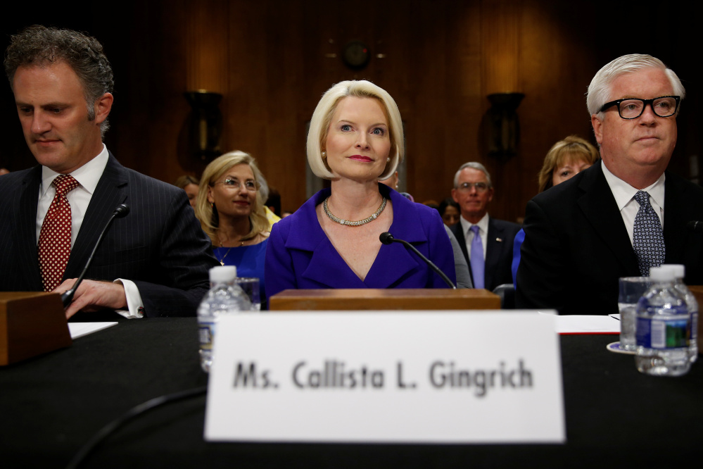 Callista Gingrich takes her seat for a Senate Foreign Relations Committee hearing to discuss her nomination to be U.S. ambassador to the Vatican on Capitol Hill in Washington on Tuesday. 