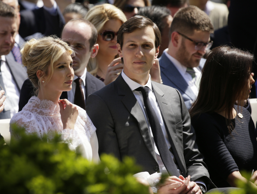 Ivanka Trump and her husband, White House adviser Jared Kushner, sit in the front row for a  joint news conference at the White House in Washington on April 5.