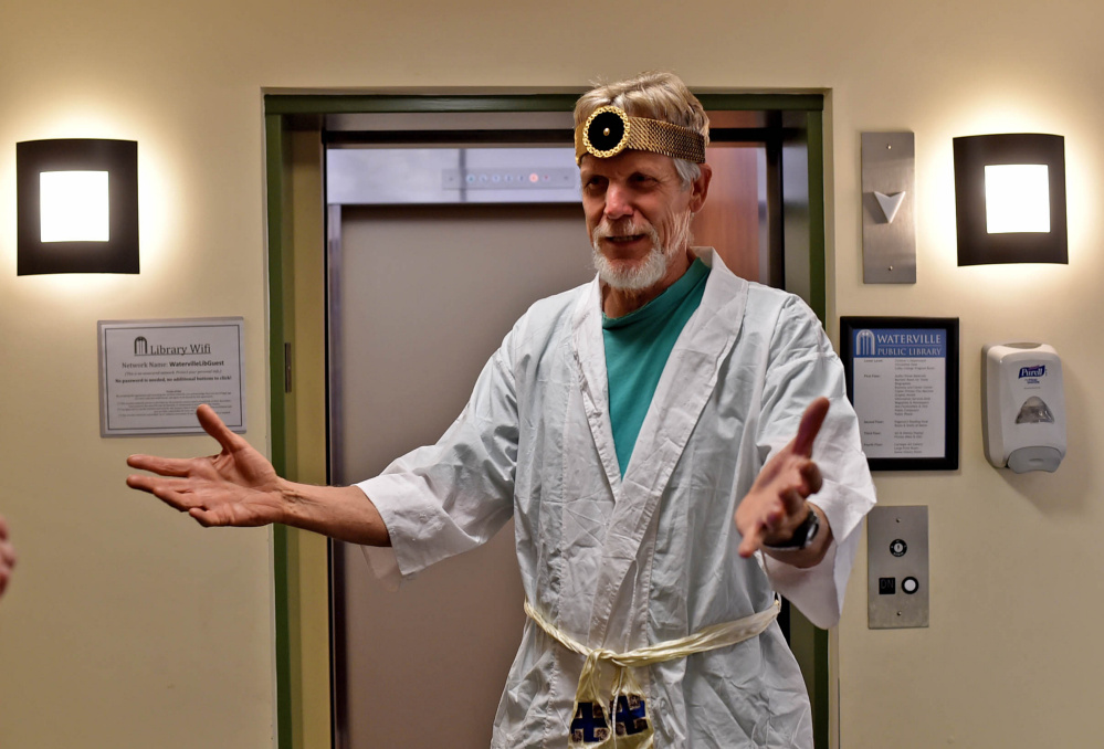 John Lovejoy plays a maniacal doctor named Dr. Dementia on Friday while performing for his two-minute film during a workshop hosted by the Maine International Film Festival at the Waterville Public Library in Waterville.