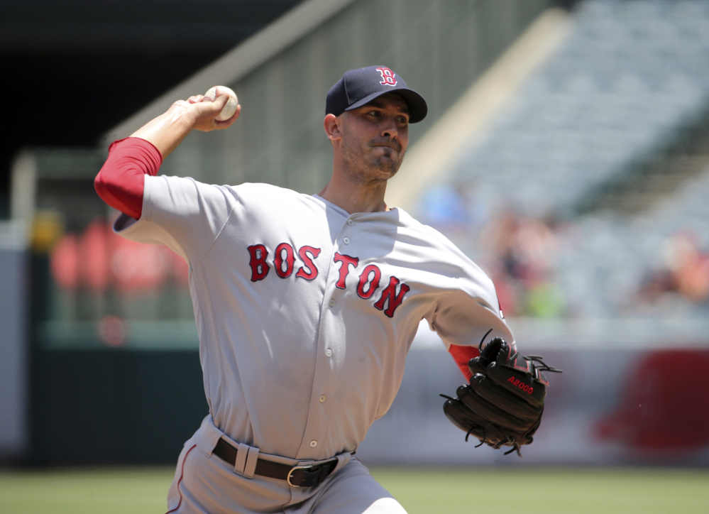 Red Sox starter Rick Porcello allowed three runs on five hits in eight innings but took as the Red Sox fell to the Los Angeles Angels in Anaheim, California on Sunday.