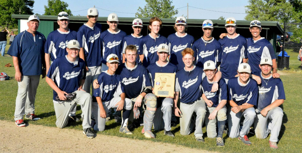 The Portland Babe Ruth team won the state championship for 13- to 15-year-olds and is 2-1 after pool play in the New England regional tournament. Portland plays in the elimination portion of the tournament on Tuesday. Team members, from left to right: Front row – Luke Hill, Henry Westphal, Caden Horton, Brian Riley, Sonny Villani, Robby Sheils, Chris Cimino and Garon Kelley; Back row – Coach Chris Kelley, Coach Dan Riley, Mike Jones, Chris Naylor, Max Brown, Griffin Buckley, Cole Potter, Nate Rogers, Liam Riley and Manager Matt Rogers.