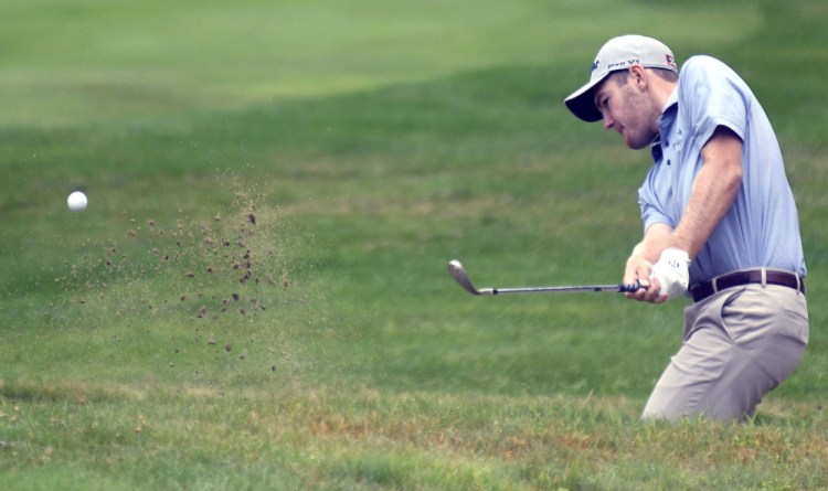 MANCHESTER, ME - JULY 24: Sam Grindle, of Deer Isle, works Monday July 24, 2017 his way out of a bunker during the first round of the Maine Open in Manchester. (Staff photo by Andy Molloy/Staff  Photographer)