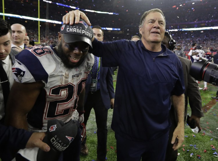 The New England Patriots have Coach Bill Belichick, right, and James White as a potential big-time running back. But to think the team will cruise to a Super Bowl repeat and just may go undefeated shows a lack of understanding.