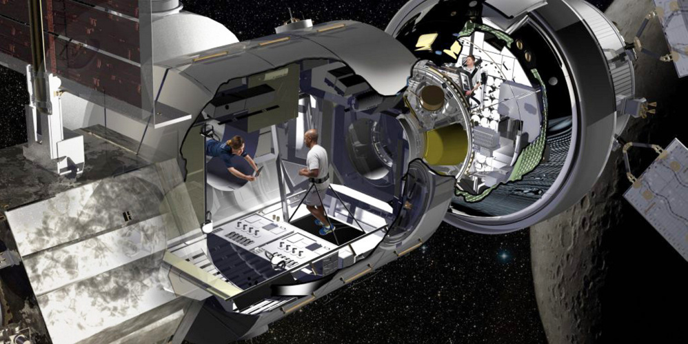 In this artist's rendering of Lockheed Martin's habitat prototype, robotics work stations will be among the amenities offered to astronauts on long space flights.