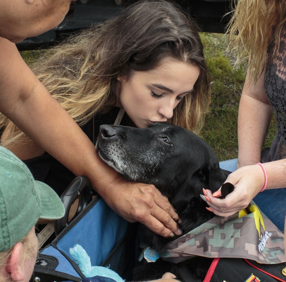Paige Alfred plants a kiss on Cena, a 10-year-old black Lab, before his last Jeep ride in Muskegon, Mich.