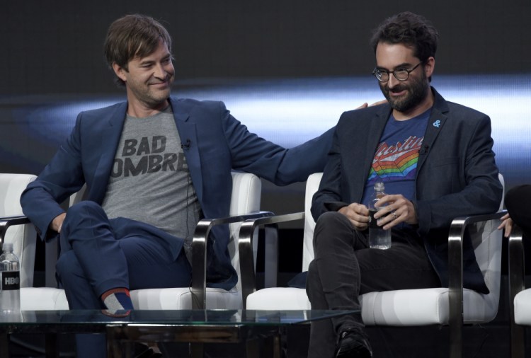 Creators and executive producers Mark Duplass, left, and Jay Duplass talk about their new HBO show, "Room 104," last week in Beverly Hills, Calif.