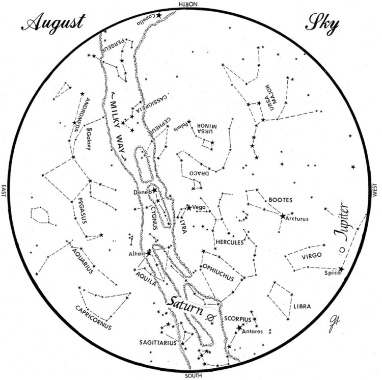 SKY GUIDE: This chart represents the sky as it appears over Maine during August. The stars are shown as they appear at 10:30 p.m. early in the month, at 9:30 p.m. at midmonth and at 8:30 p.m. at month's end. Saturn and Jupiter are shown in their midmonth positions. To use the map, hold it vertically and turn it so that the direction you are facing is at the bottom.