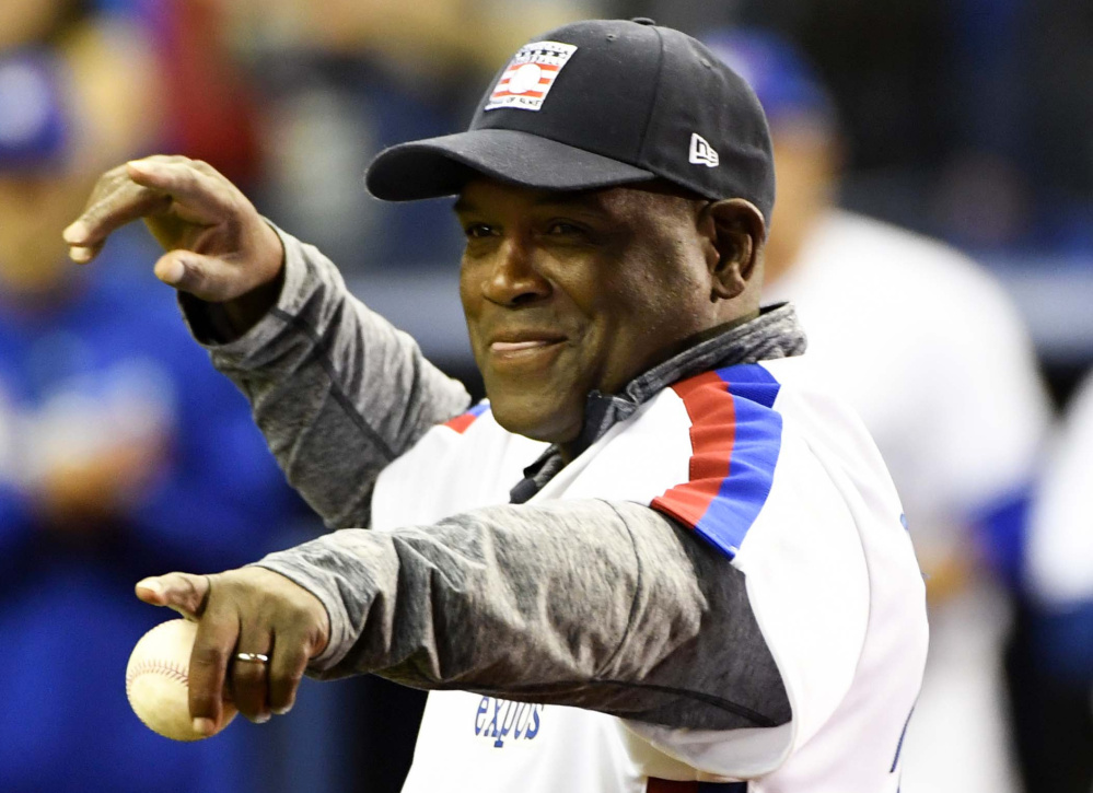 Tim Raines throws the first pitch before a game between the Pirates and Blue Jays on April 1 at Olympic Stadium in Montreal, where Raines came to fame.