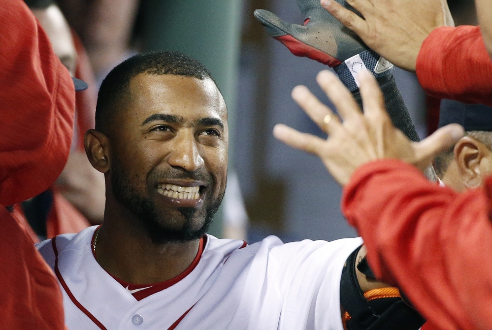 Boston Red Sox's Eduardo Nunez celebrates his solo home run during the third inning of a baseball game against the Kansas City Royals in Boston, Saturday, July 29, 2017. (AP Photo/Michael Dwyer)