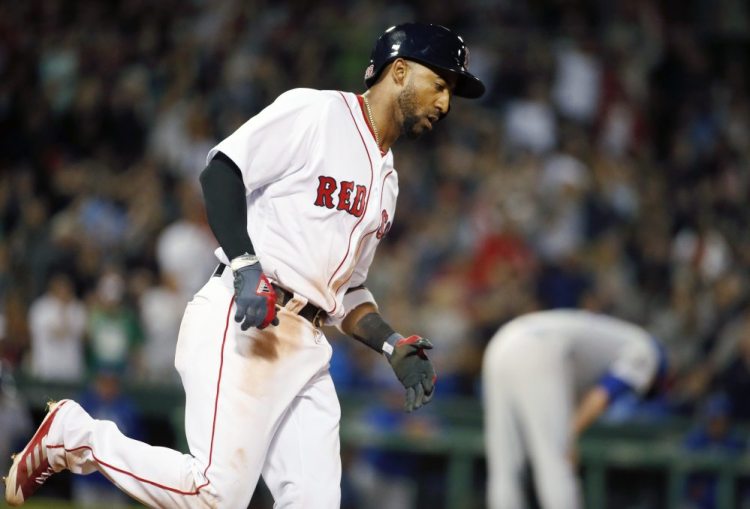 Boston's Eduardo Nunez rounds first base on one of his two home runs Saturday versus Kansas City at Fenway Park. Nunez is 5 for 12 so far with the Red Sox. (AP Photo/Michael Dwyer)