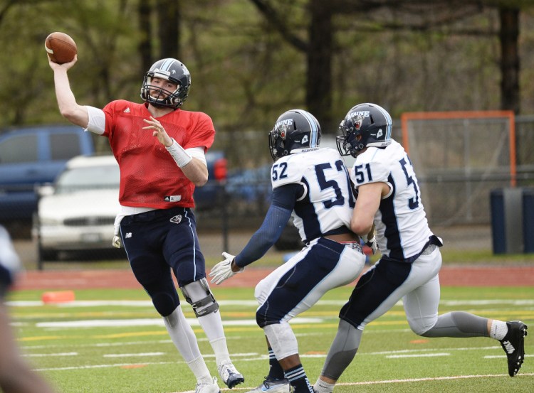 UMaine quarterback Max Staver throws a pass during the team's spring scrimmage May 6. Staver, a senior transfer, is competing for the starting job.