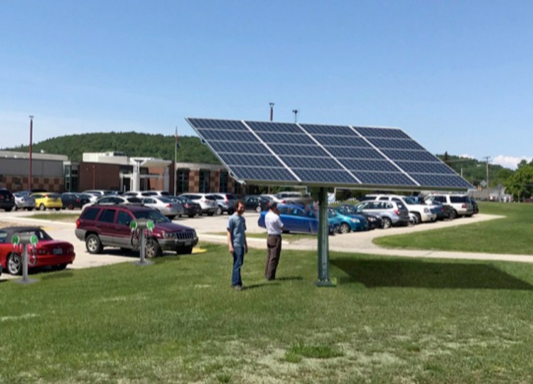 This photo illustration shows how a solar-powered electric vehicle charging station will look after it's installed next month at Oxford Hills Comprehensive High School in South Paris.