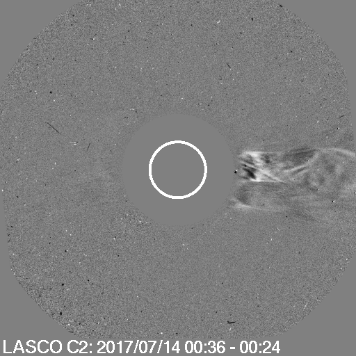  The coronal mass ejection as captured by the SOHO/LASCO C2 coronagraph.