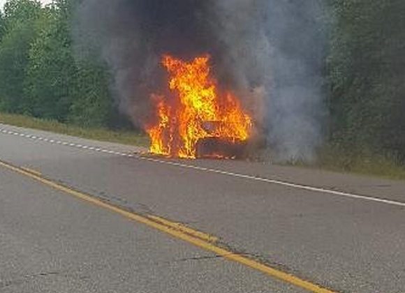 A Fairfield man's vehicle burst into flames Thursday along Route 3 in Liberty.