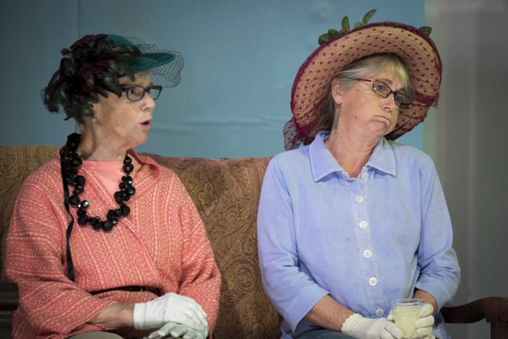Muffy Floyd, left, rehearses on Monday her role as Miss Sara Arnold, and Maggie Chadwick plays Miss Cora Kenyon in "Doctor's Orders," a play showing Thursday through Saturday at the Union Hall in Vienna.