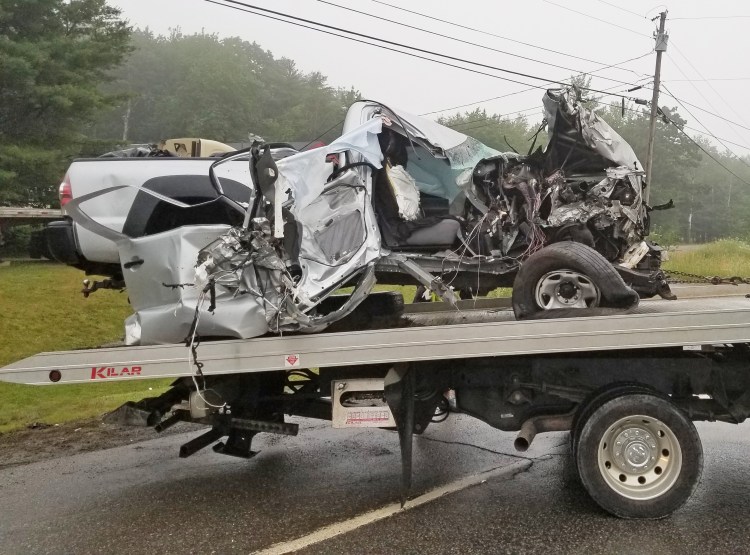 Brandon Bezio was behind the wheel of this  2011 Toyota Tacoma pickup truck when it struck a tractor-trailer head on Saturday in Damariscotta. Bezio was uninjured but a female passenger was ejected from the truck and received severe injuries, according to the sheriff's office.