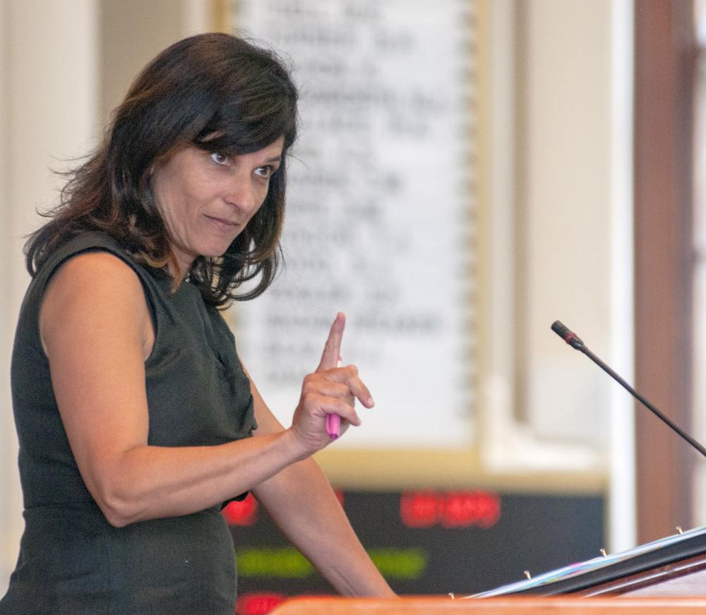 House Speaker Sara Gideon, D-Freeport, answers a question during debate Wednesday in the House chamber.