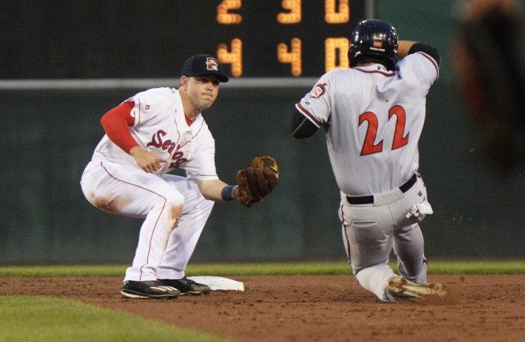 Portland's Chad De La Guerra tags out Richmond's Dylan Davis on a double play Wednesday at Hadlock Field in Portland. Richmond went on to a 7-5 win in 11 innings.