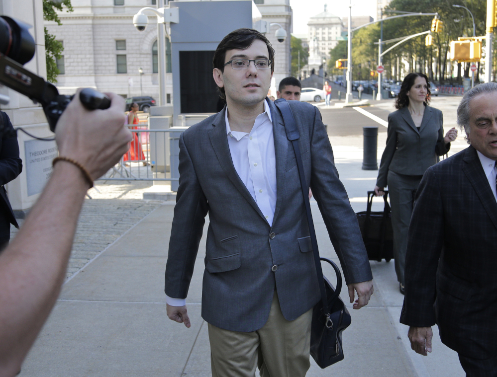 Martin Shkreli arrives at federal court in New York on Thursday, where a jury found him guilty on three of eight counts of federal securities fraud.
