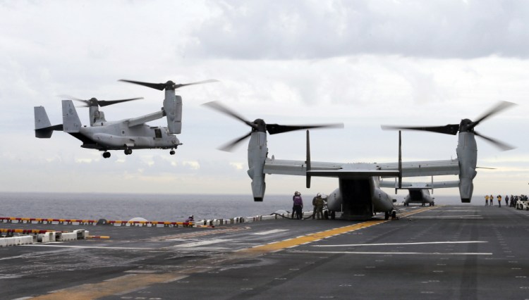 A U.S. Marine MV-22B Osprey aircraft lands on the deck of the USS Bonhomme Richard amphibious assault ship off the coast of Sydney during joint military exercises between the United States and Australia.