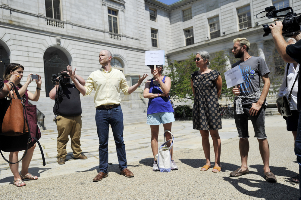PORTLAND, ME - AUGUST 9: Jack O'Brien a member of Fair Rent Portland speaks during a rally at City Hall in Portland to reign in rents Wednesday, August 9, 2017. (Staff photo by Shawn Patrick Ouellette/Staff Photographer)