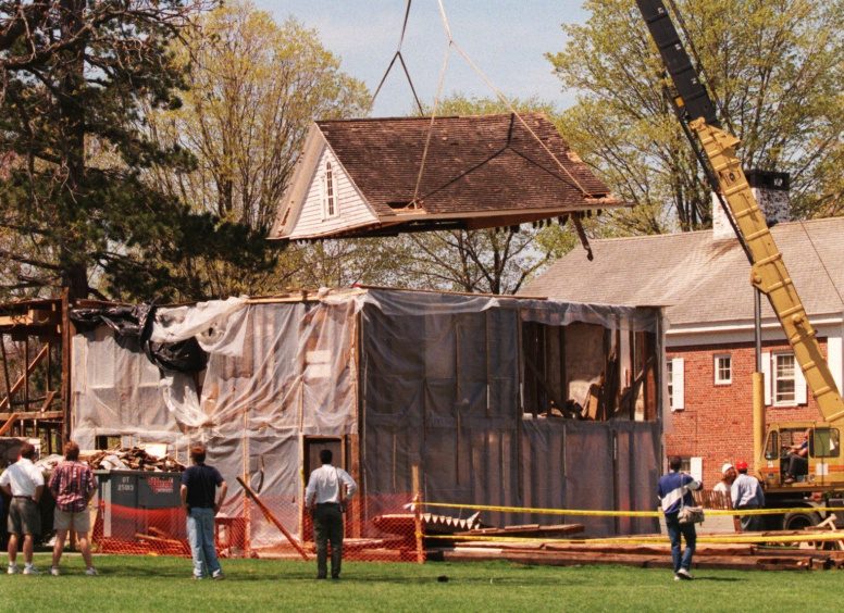 The attic of the home of the late Lyman Beecher is lifted off its Colonial post-and-beam structure in Litchfield, Conn., in 1998. Stored in pieces, the house where Harriet Beecher Stowe grew up is for sale on eBay.