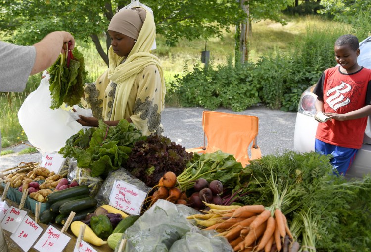 Dahabo Hassan and Feysal Mudey sell vegetables Aug. 4 at the Beyond Borders Farmers Market, held Fridays at the arboretum in Augusta. Sambusas are also sold.