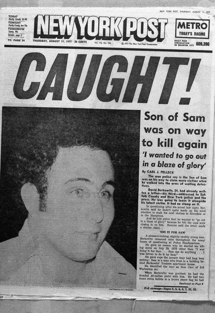 The front-page headline of the New York Post announces the arrest of David Berkowitz in 1977.