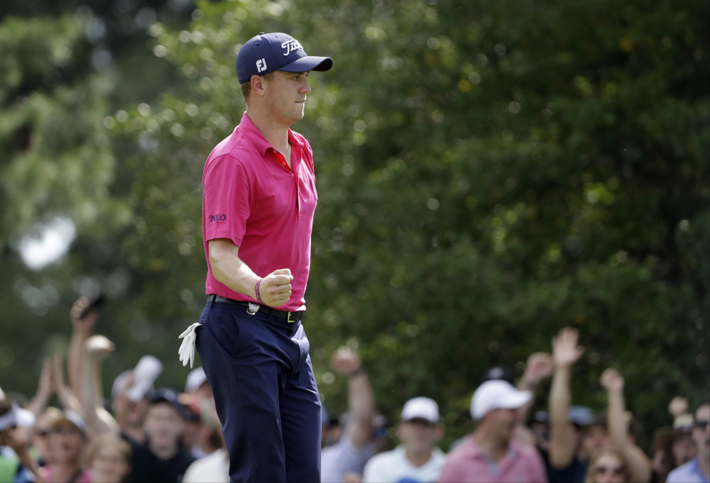 Justin Thomas celebrates a birdie on the ninth hole during the final round of the PGA Championship. Thomas shot a 3-under 68 and finished with a two-stroke victory for his first major championship.