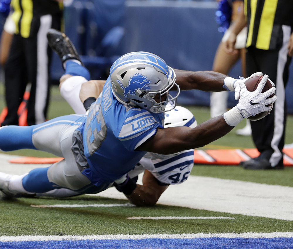 Dontez Ford of the Lions stretches for the end zone to complete a 15-yard touchdown reception Sunday in a preseason game against the Indianapolis Colts. The Lions won, 24-10.