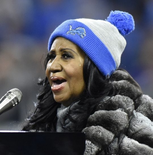 Aretha Franklin performs the national anthem before an NFL game  between Detroit and Minnesota in 2016.