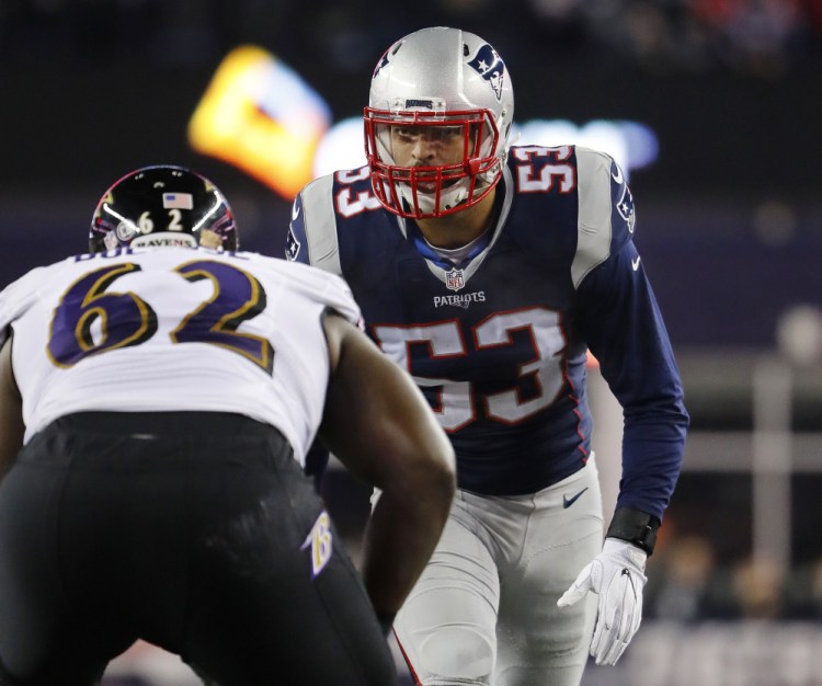 Patriots linebacker Kyle Van Noy, right, never really clicked with Detroit after the Lions took him in the second round in 2014, but he made an impact in New England last season – and looks to be getting better.