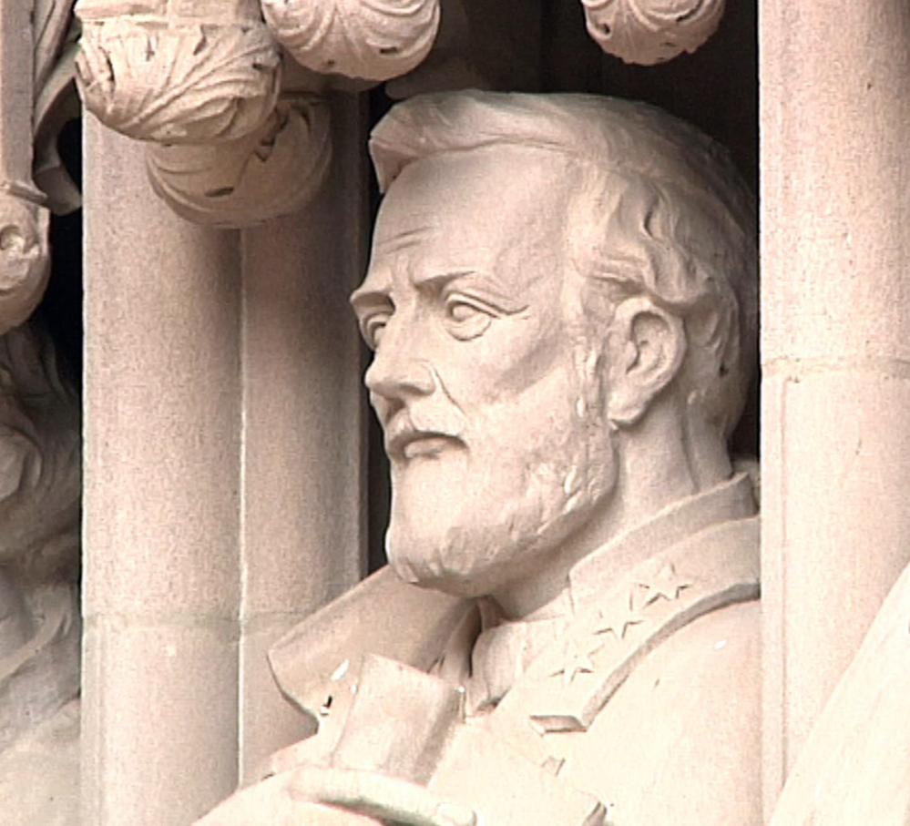 The now-removed statue of Confederate Gen. Robert E. Lee at the entrance to Duke Chapel in Durham, N.C., before it was vandalized last week after the Charlottesville, Va., turmoil.