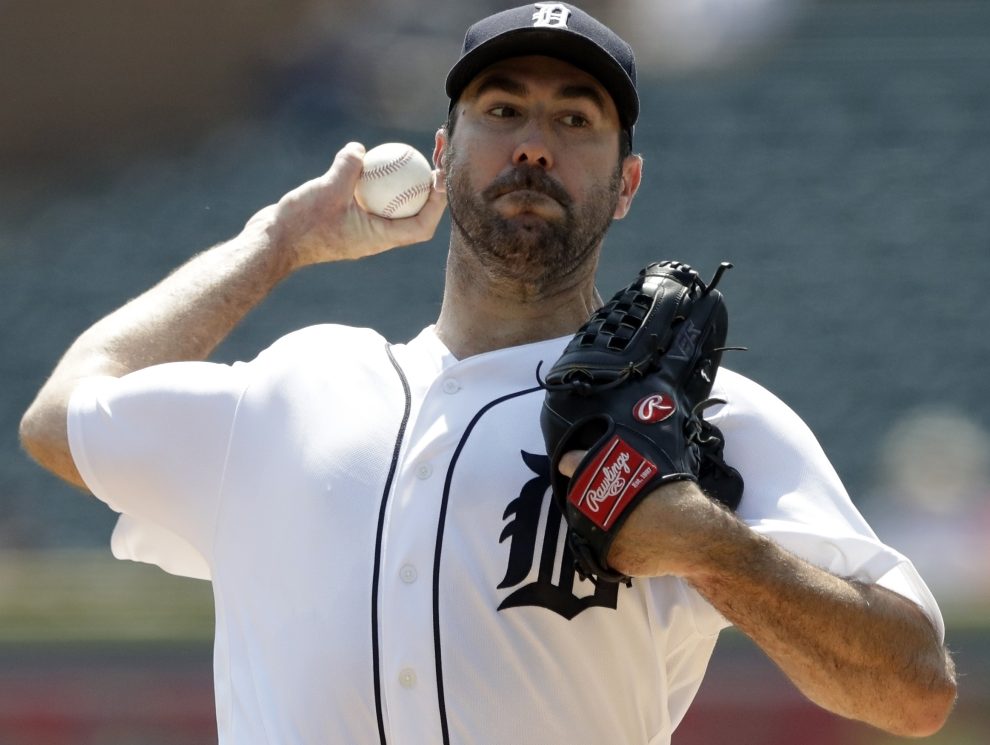 Justin Verlander took a no-hitter into the sixth inning and earned his ninth win of the season as the Tigers beat the Dodgers 6-1 on Sunday in Los Angeles.