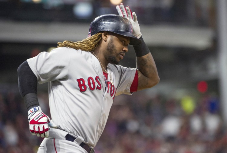 Hanley Ramirez rounds first base after hitting a two-run home run off Cleveland starter Mike Clevinger in the fifth inning to give the Red Sox a 4-3 lead.