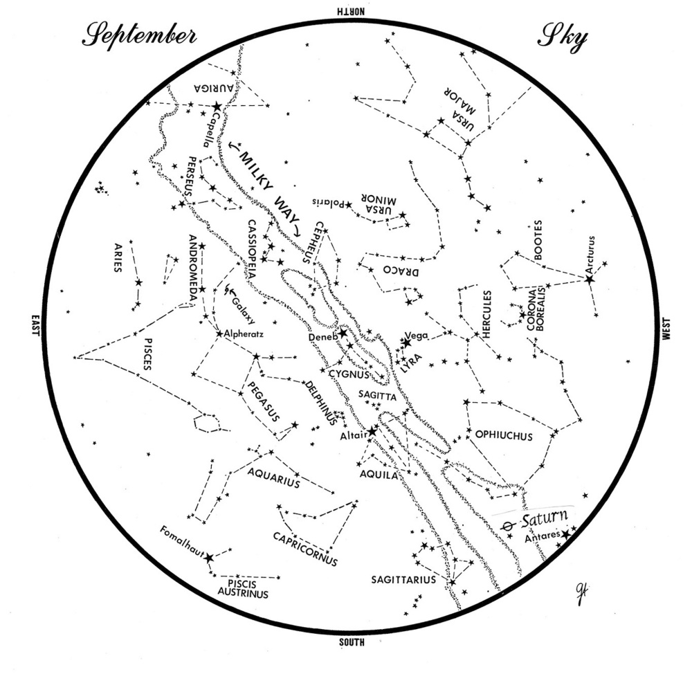 SKY GUIDE: This chart represents the sky as it appears over Maine during September.  The stars are shown as they appear at 10:30 p.m. early in the month, at 9:30 pm. at midmonth and at 8:30 p.m. at month's end.  Saturn is shown in its midmonth position.  To use the map, hold it vertically and turn it so that the direction you are facing is at the bottom.